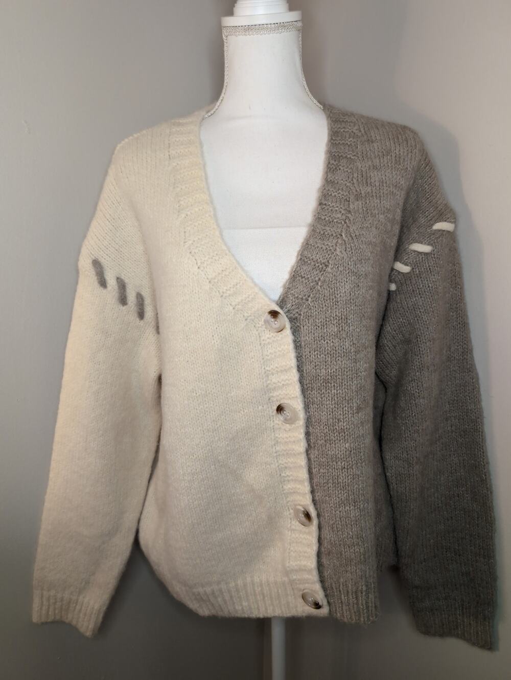 BiBi Two Tone Wool Blend Cardigan XL Cream Gray Cozy Scandi NWT